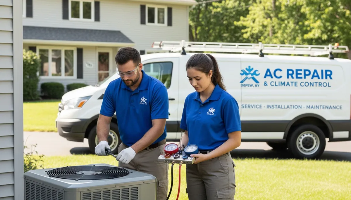 Professional AC repair technician servicing air conditioner unit in Buffalo, NY