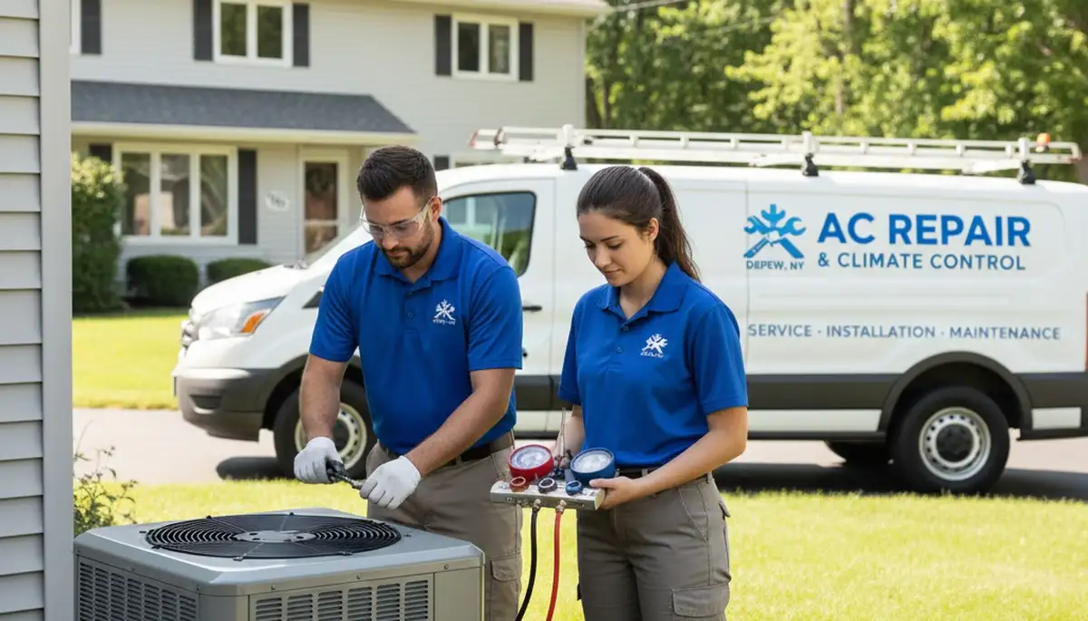Professional AC repair technician servicing air conditioner unit in Buffalo, NY