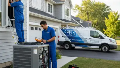 Professional AC repair technician servicing air conditioner in Buffalo, NY home