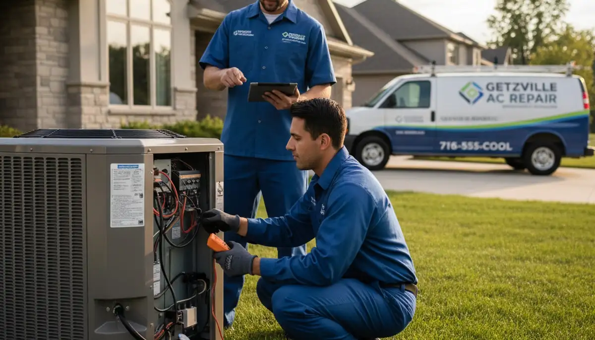 Professional AC repair technician servicing air conditioner unit in Buffalo NY