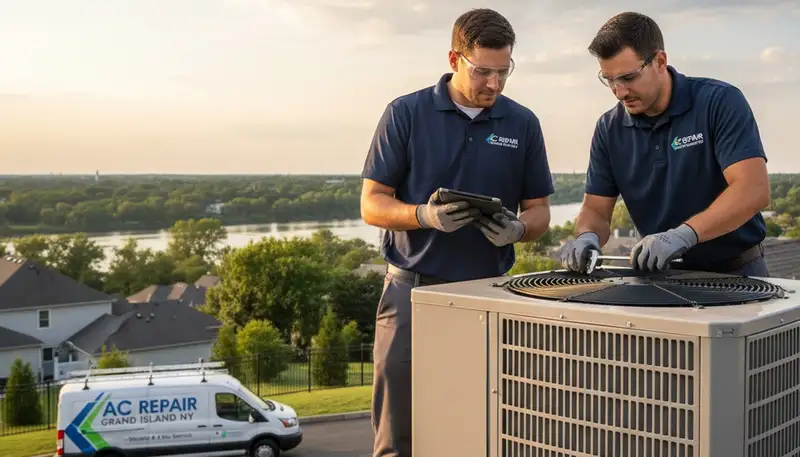 AC repair technician servicing residential unit in Buffalo NY
