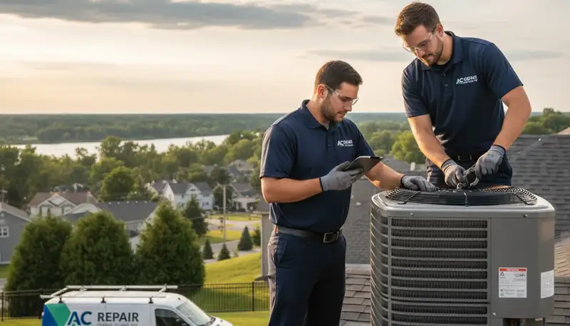 Professional AC repair technician servicing air conditioner unit in Buffalo, NY