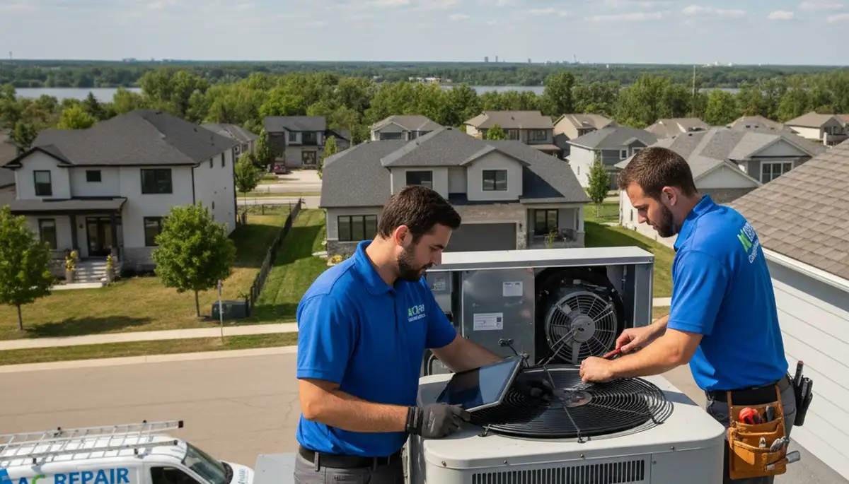 Professional AC repair technician servicing air conditioner unit in Buffalo NY home
