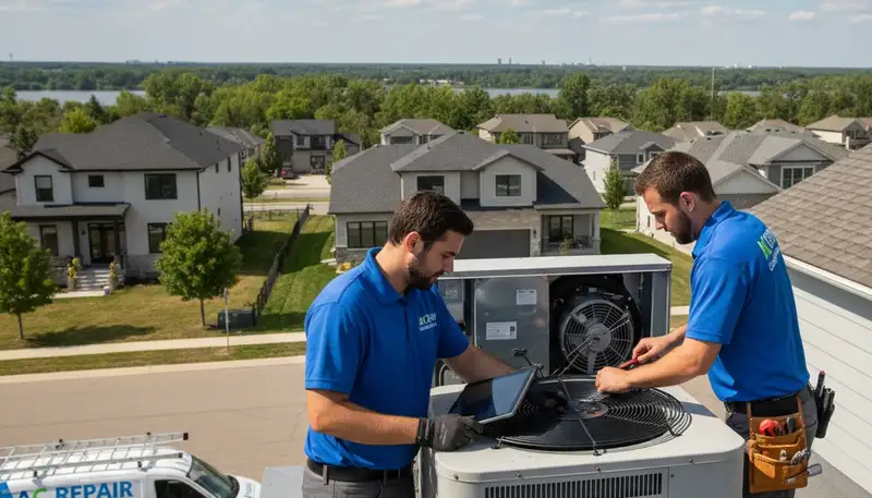 Professional AC repair technician servicing air conditioner unit in Buffalo NY home