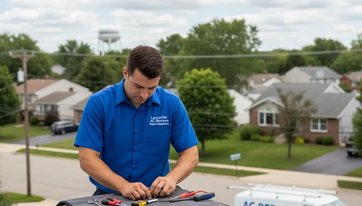 Professional AC repair technician servicing air conditioner unit in Buffalo NY home