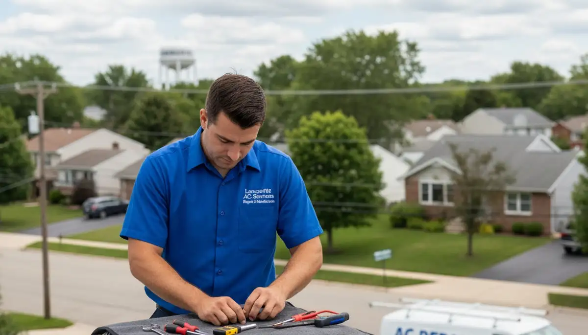 Professional AC repair technician servicing air conditioner unit in Buffalo NY home