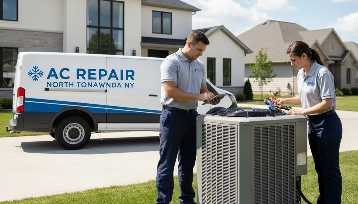 Professional AC repair technician servicing air conditioner unit in Buffalo, NY