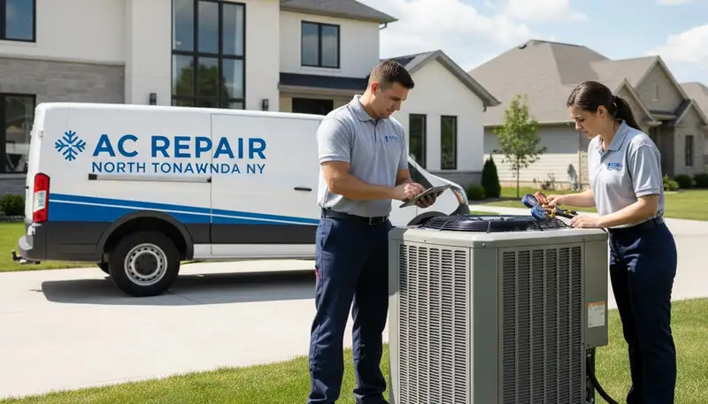 Professional AC repair technician servicing air conditioner unit in Buffalo, NY