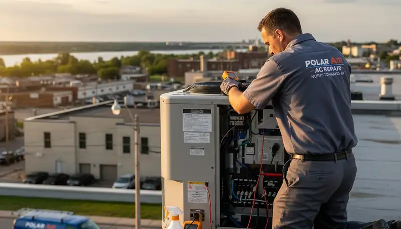Professional AC repair technician servicing residential air conditioner in Buffalo, NY