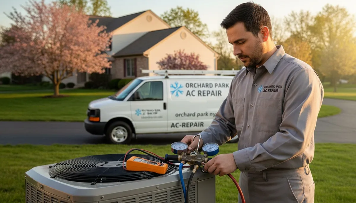 Professional AC repair technician servicing air conditioner unit in Buffalo, NY