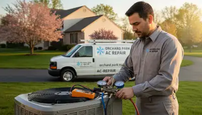 Professional AC repair technician servicing air conditioner unit in Buffalo, NY