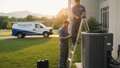 Professional AC repair technician servicing air conditioner unit in Buffalo, NY