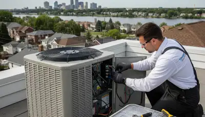 Professional AC repair technician servicing air conditioner unit in Buffalo NY home