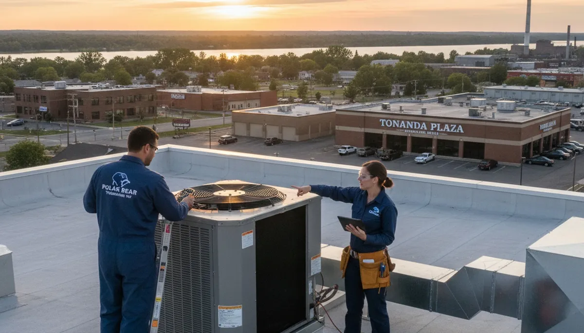 Professional AC repair technician servicing air conditioner unit in Buffalo, NY