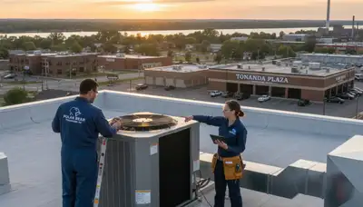 Professional AC repair technician servicing air conditioner unit in Buffalo, NY