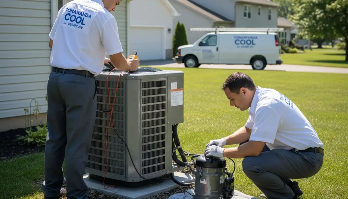 Professional AC repair technician servicing air conditioner unit in Buffalo NY home