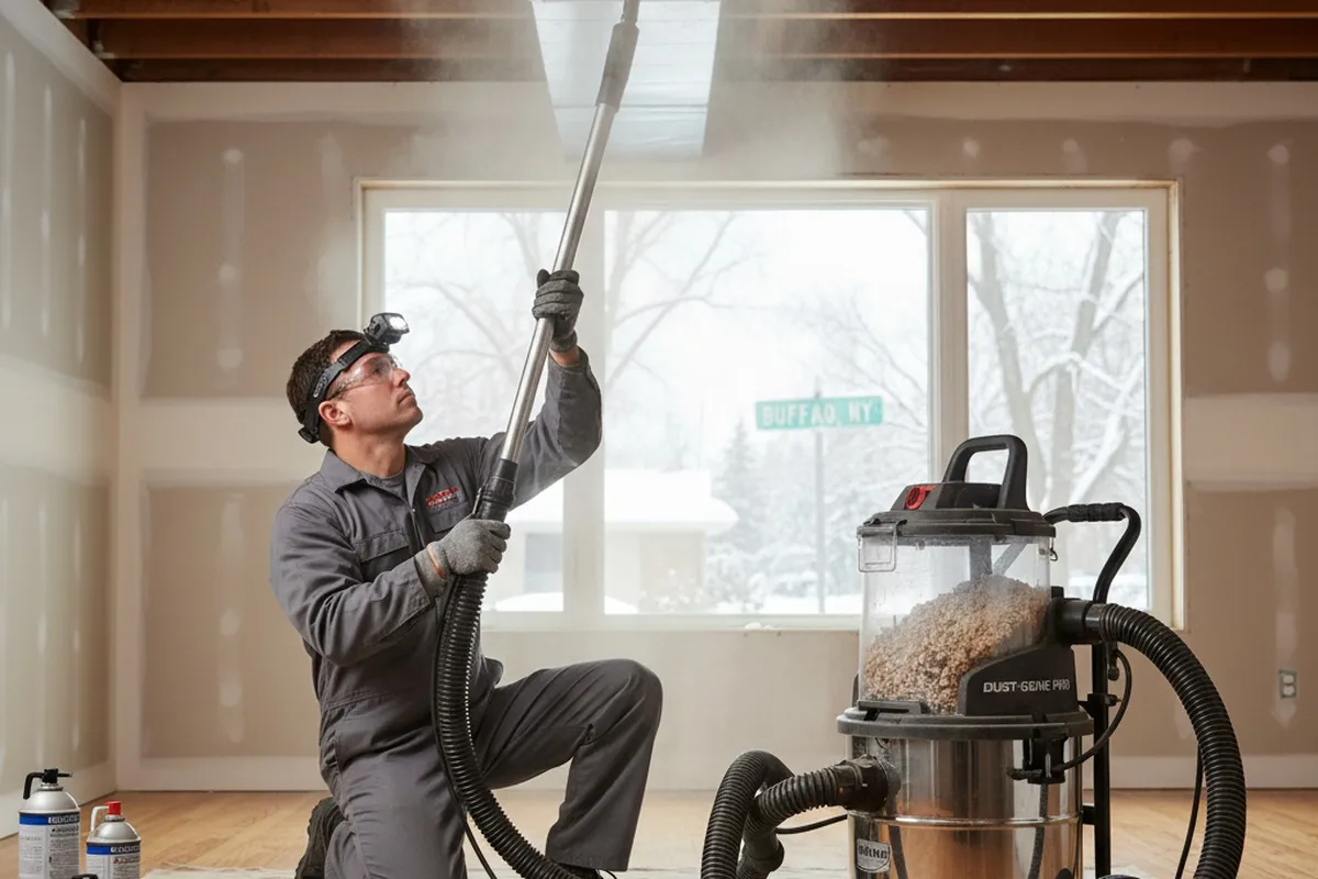 Technician cleaning air ducts with professional equipment at Buffalo, NY home for AC repair service