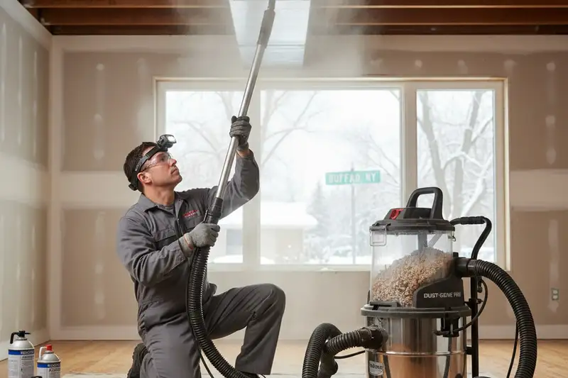 Technician cleaning air ducts with professional equipment at Buffalo, NY home for AC repair service