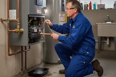 Technician performing professional boiler repair service at residential home in Buffalo, NY