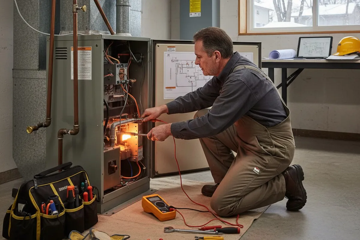 Technician repairing residential heating system in Buffalo NY for Five Star Cooling heating service