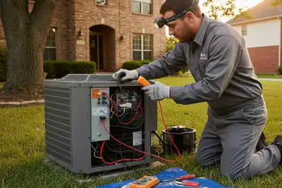 HVAC technician performing professional AC repair on residential cooling unit in Buffalo, NY