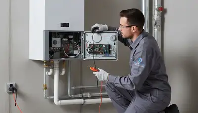 Technician performing boiler repair service in Buffalo, NY for residential heating system