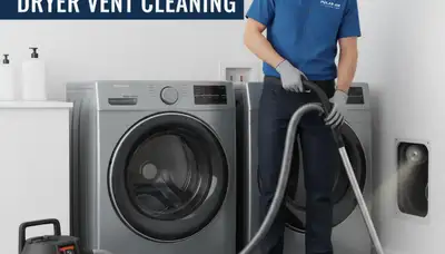 Technician cleaning dryer vent for improved airflow and safety in Buffalo, NY home