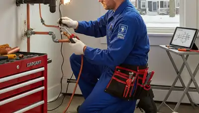 Buffalo NY plumber repairing pipes with professional tools during plumbing service by Five Star Cooling