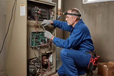 Technician performing furnace repair at Buffalo, NY home for Five Star Cooling heating service