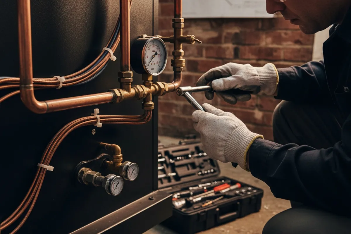 Technician performing detailed boiler repair and calibration at Buffalo, NY property for reliable heating system.