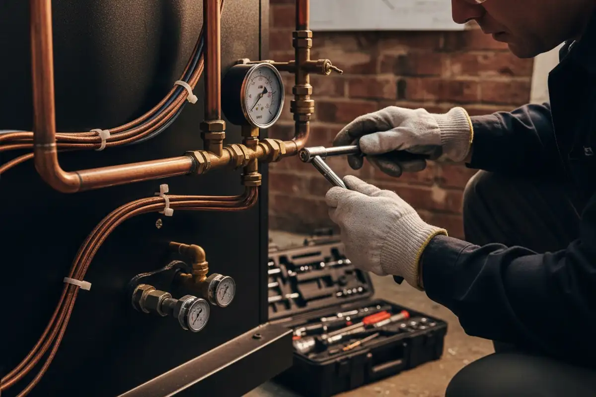 Technician performing detailed boiler repair and calibration at Buffalo, NY property for reliable heating system.