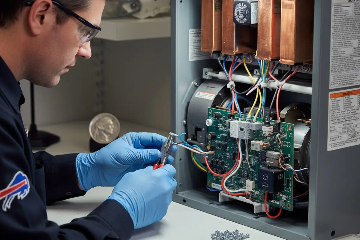 Technician performing detailed furnace repair work in Buffalo, NY for reliable home heating service