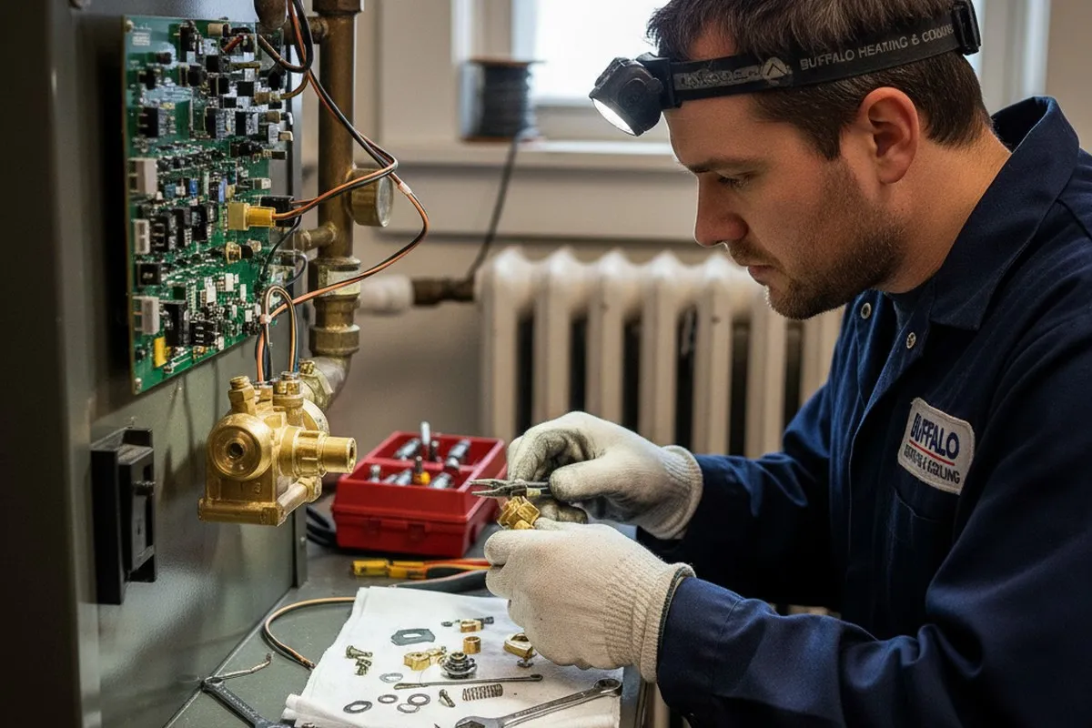 Heating technician performing detailed furnace component repair in Buffalo, NY for Five Star Cooling
