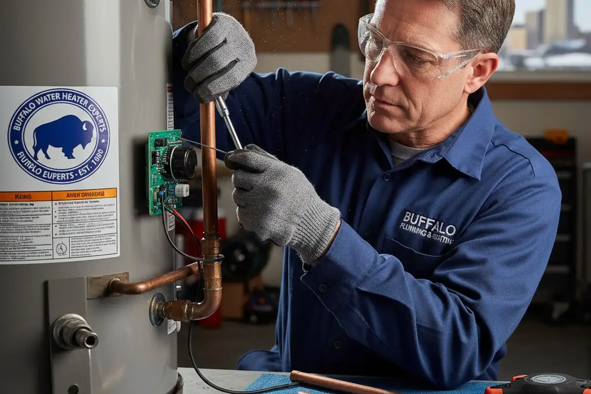 Technician performing detailed water heater repair service in Buffalo, NY for Five Star Cooling
