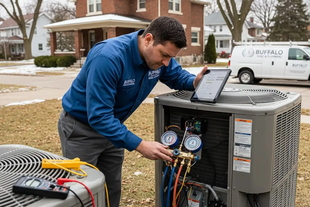 Technician performing final AC repair testing at Buffalo NY home to ensure proper cooling system performance