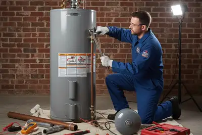 Buffalo NY technician performing professional water heater repair with tools and equipment on site